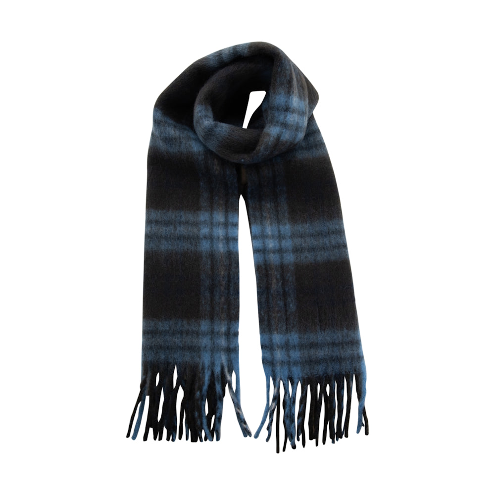 Blue and black gradient plaid blanket scarf with fringed ends