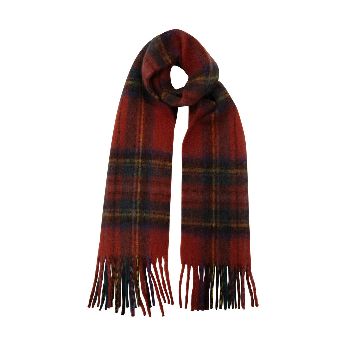 Red plaid blanket scarf with fringed ends on a white background product shot.