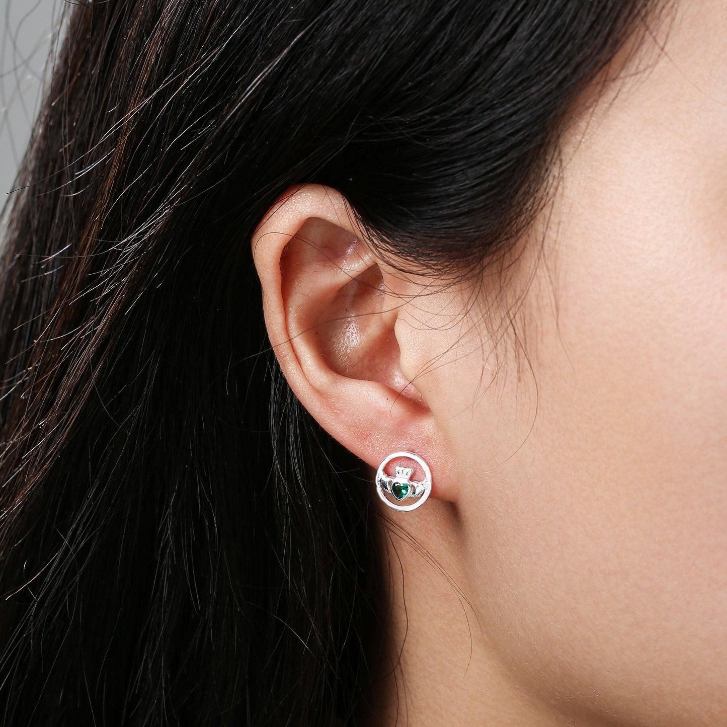 Grá Collection Round Claddagh With Stone Earrings Sterling Silver