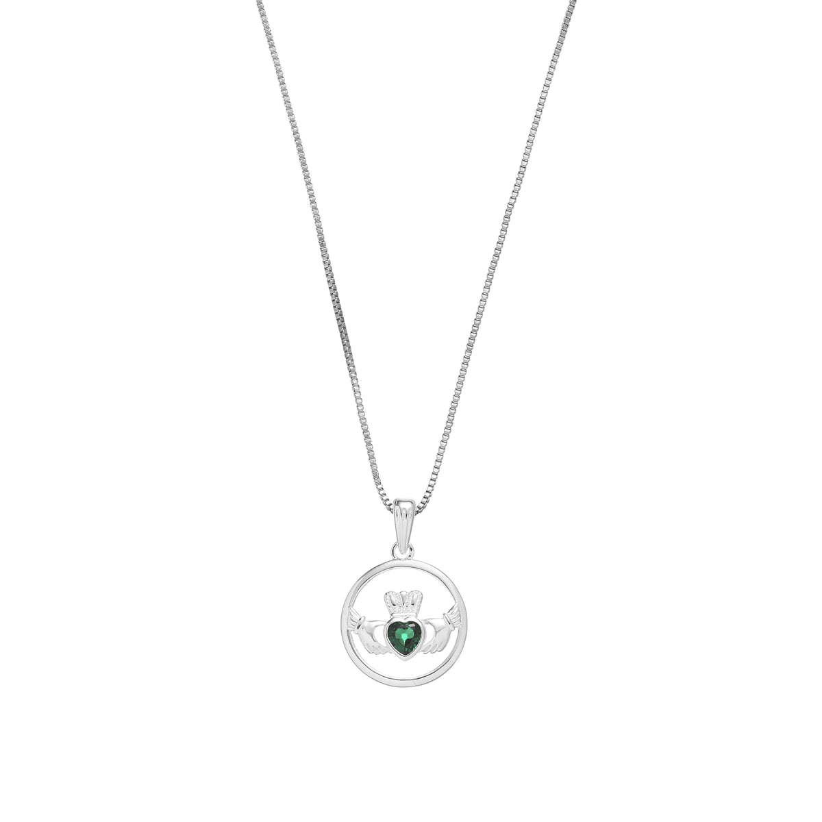Silver necklace with circular pendant featuring crowned hands holding green heart gem