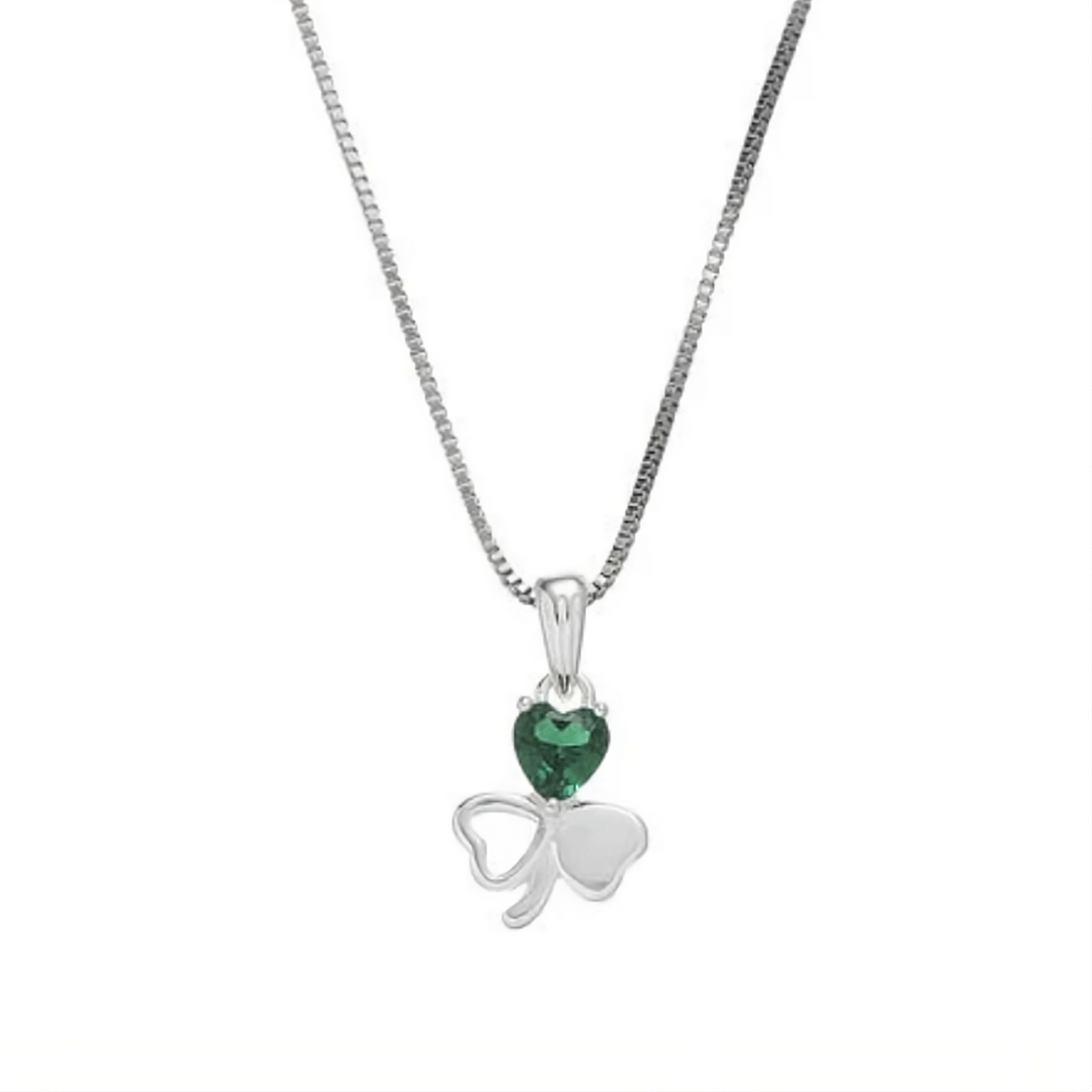 Silver necklace with a shamrock pendant and green heart-shaped gem