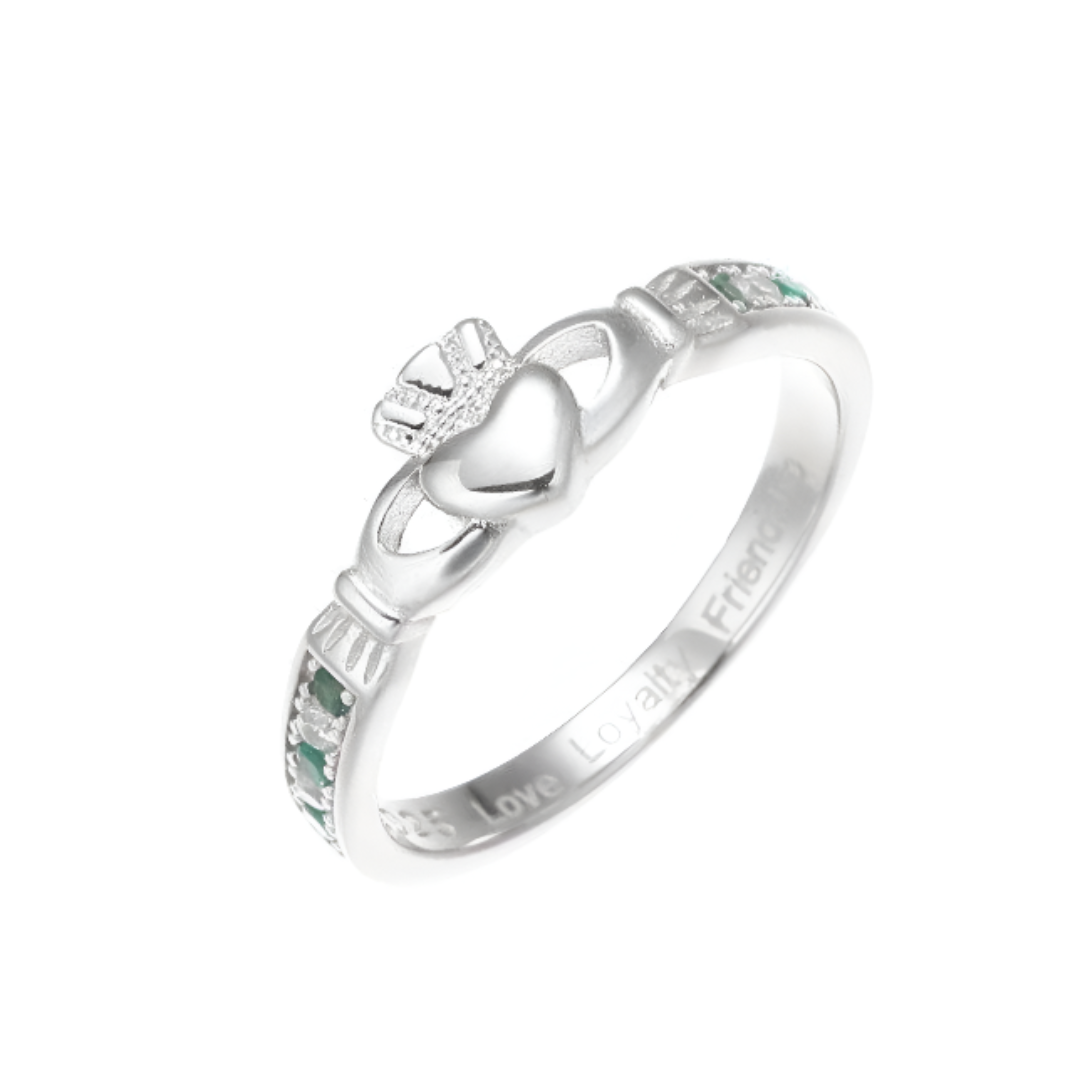 Ladies Sterling Silver Green Stone Band Claddagh Ring