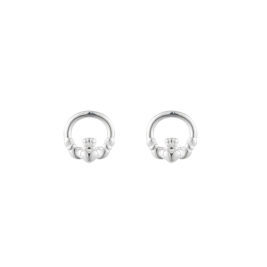 Pair of silver Claddagh rings with heart, crown, and hands design