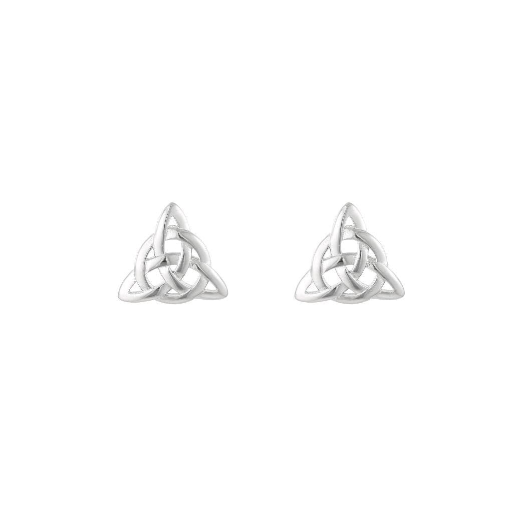 Pair of silver Celtic knot stud earrings with intricate interwoven design