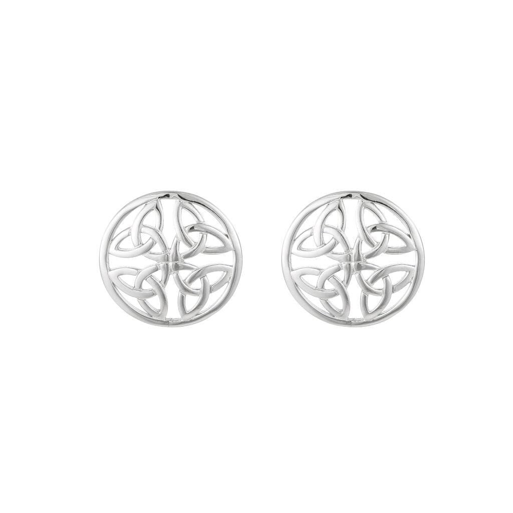 Pair of round silver earrings with intricate Celtic knot design