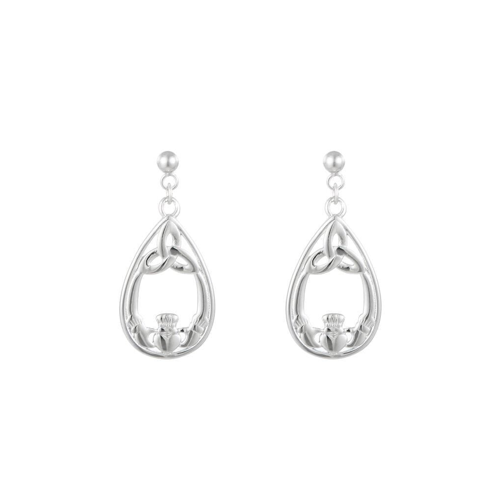 Pair of silver drop earrings with Celtic knot and heart design