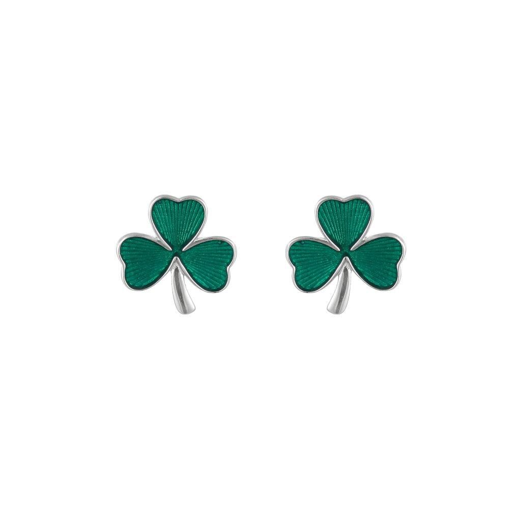 Pair of silver earrings shaped like green three-leaf clovers