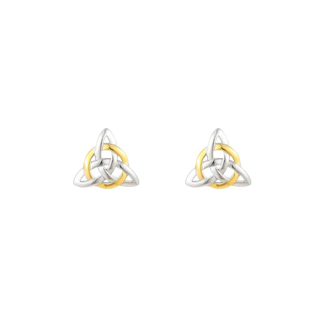 Pair of silver and gold Celtic knot stud earrings on white background