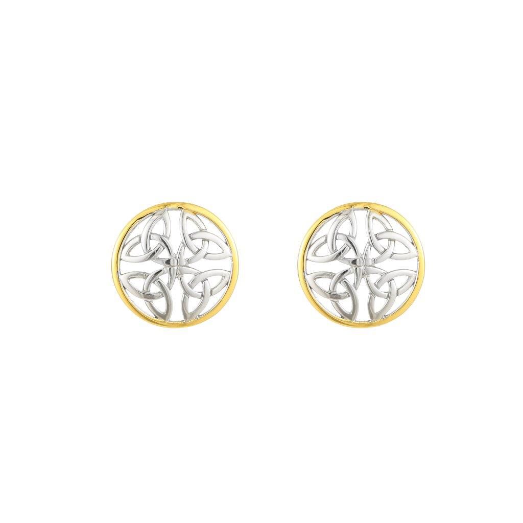Pair of round earrings with intricate silver Celtic knot design and gold border