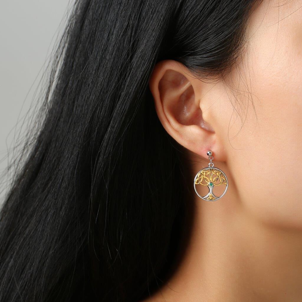 Sterling Silver & Spot Gold Tree Of Life Drop Earrings