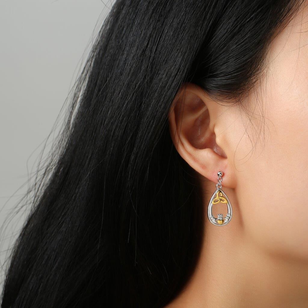 Silver Sterling & Spot Gold Trinity & Claddagh Drop Earrings