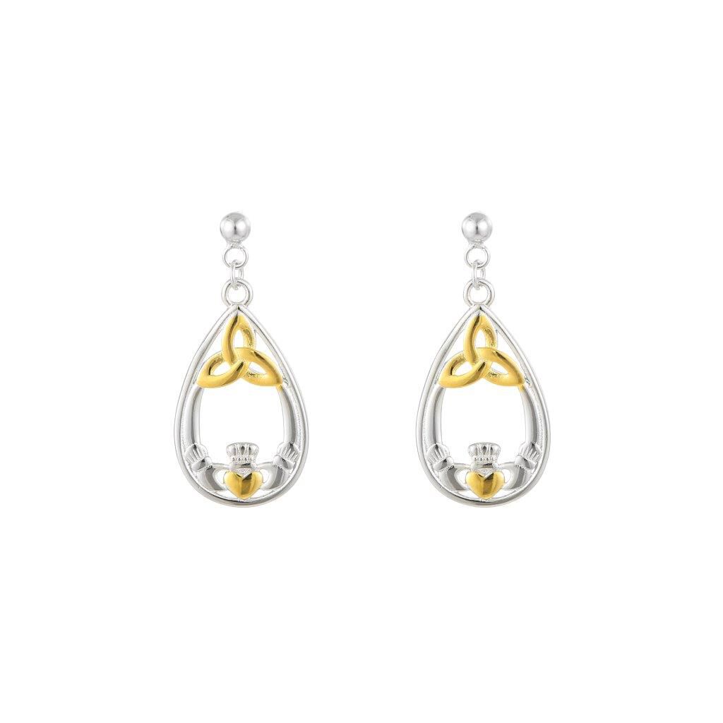 Pair of silver and gold teardrop earrings with Celtic knot and heart design