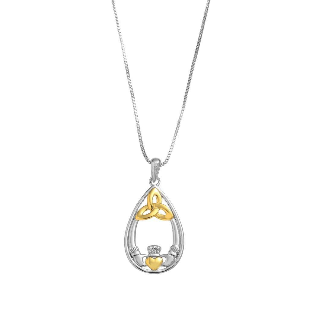 Silver teardrop pendant with gold Celtic knot and heart design on chain
