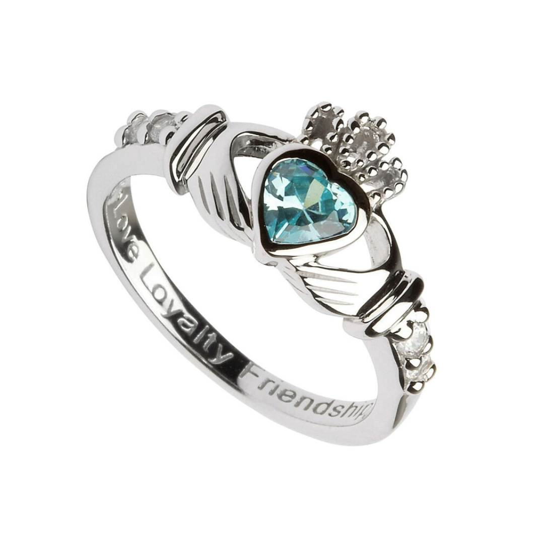 Hallmarked Sterling Silver Claddagh Birthstone Ring March