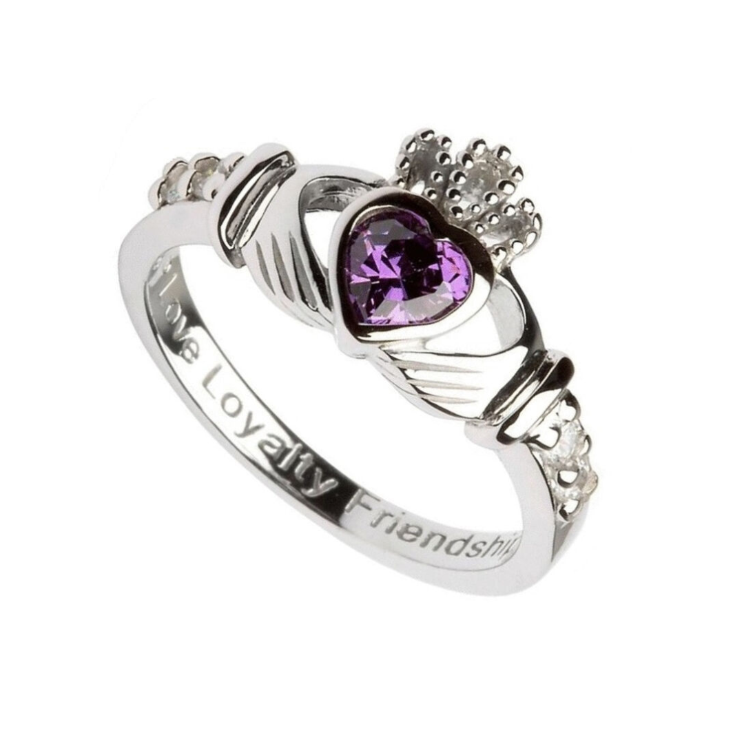 Hallmarked Sterling Silver Claddagh February Birthstone Ring