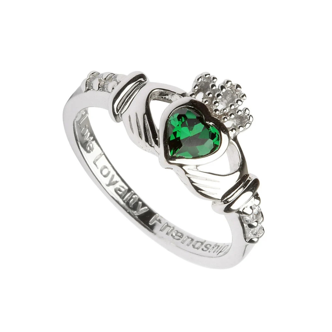 Platinum Plated Claddagh May Birthstone Ring