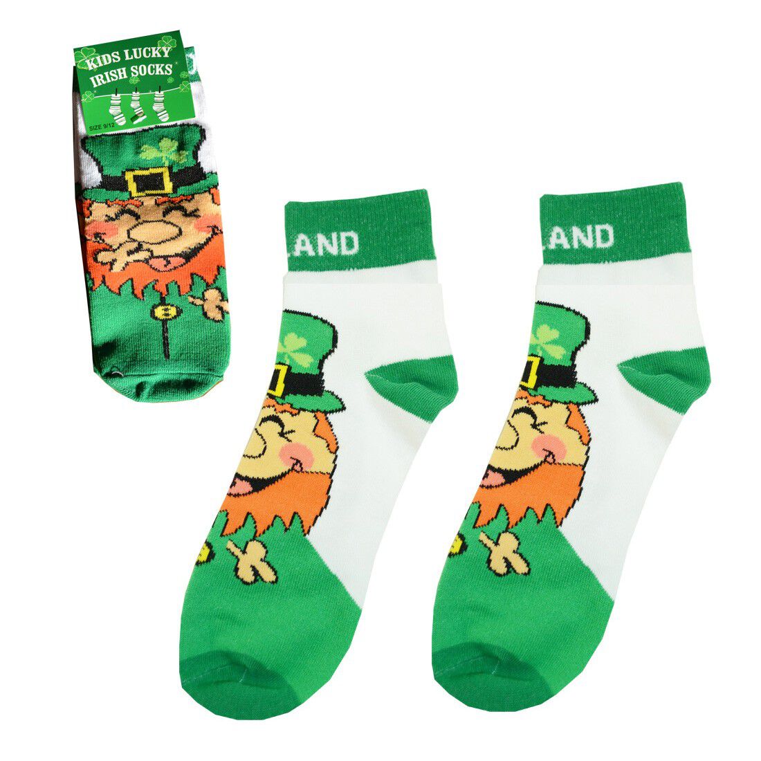 Kids Irish socks in green and white with a laughing leprechaun motif