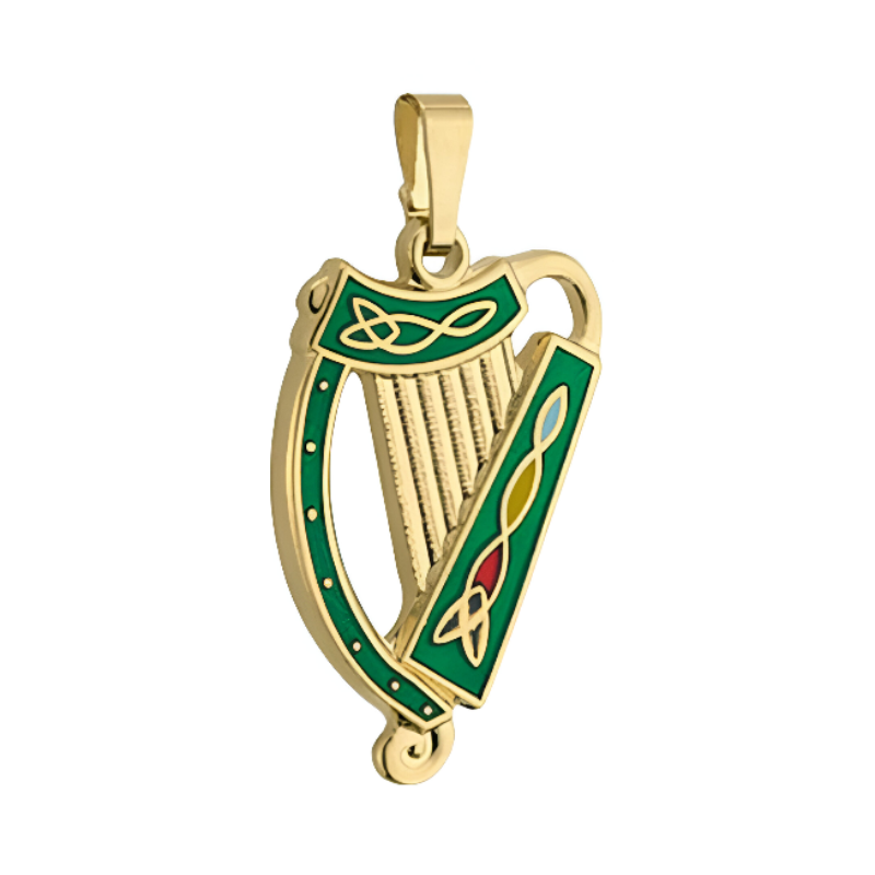Gold Plated Green Enamel Harp Pendant