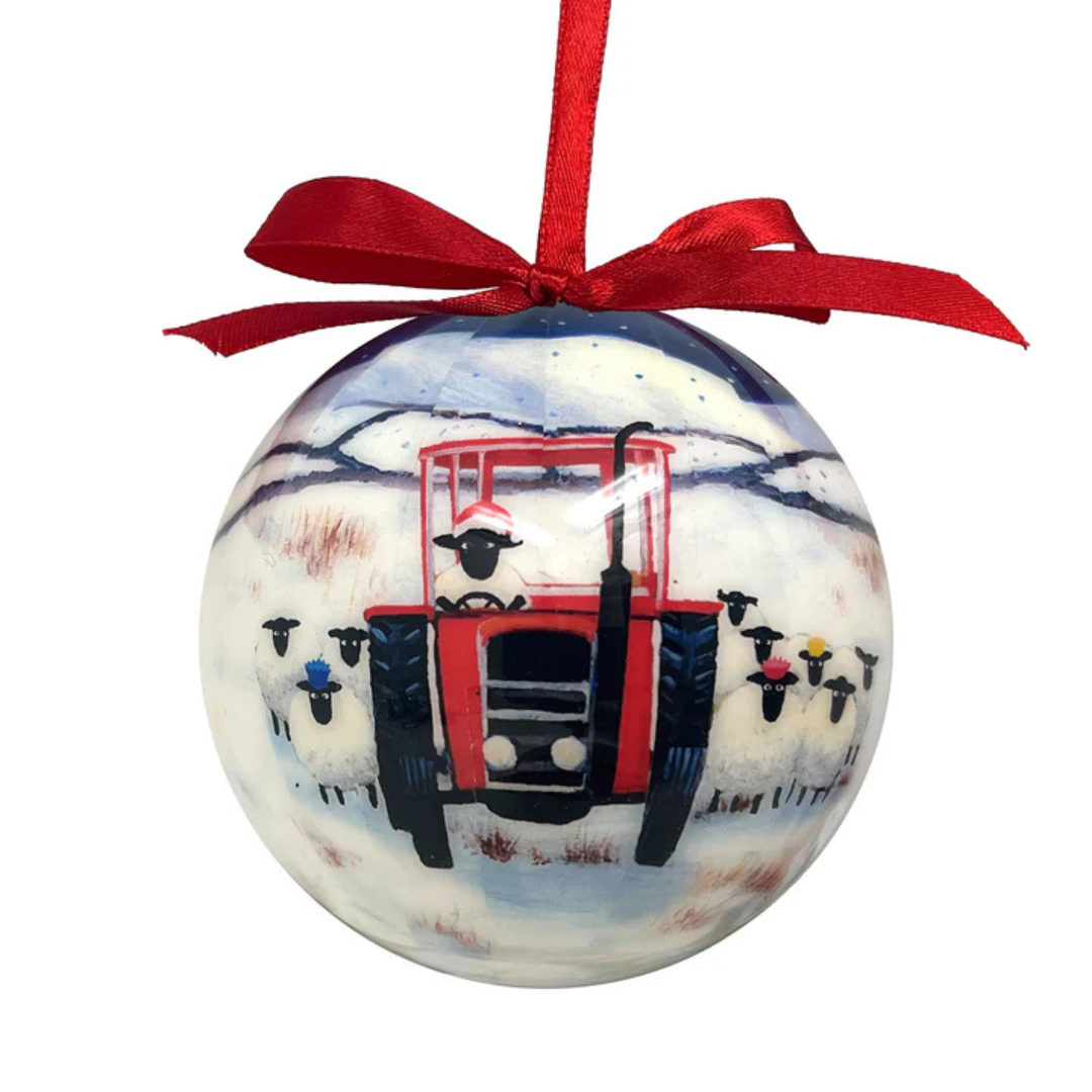 Sheep and Tractor Snow Christmas Bauble