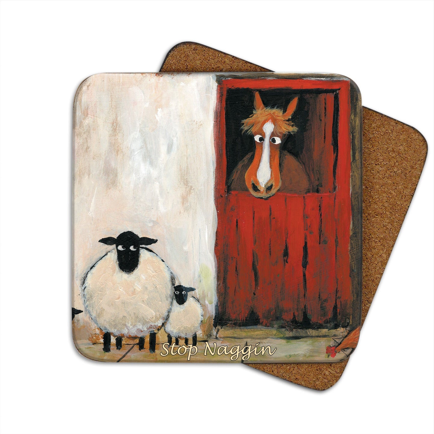 Cartoon sheep looking at a horse peeking from a red stable door