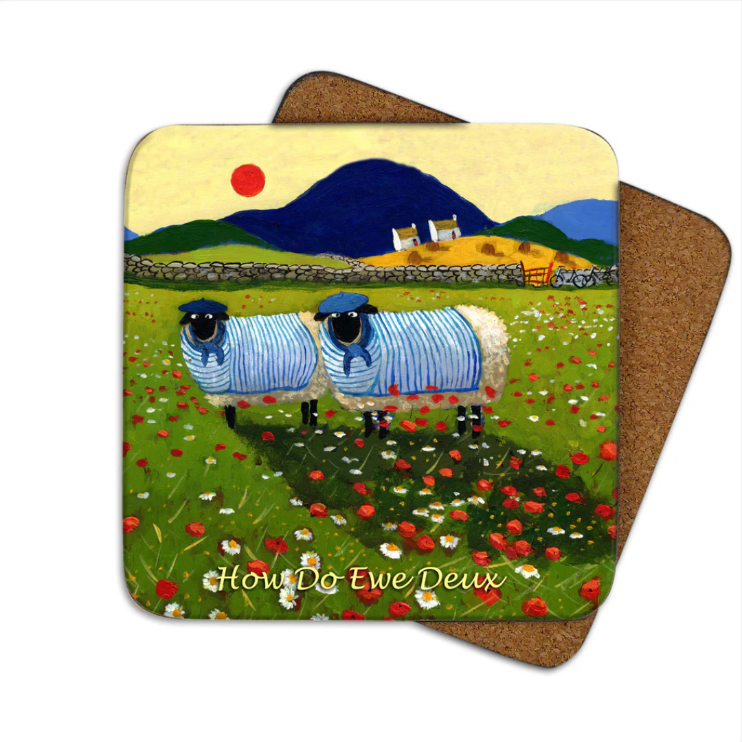 Two sheep wearing blue striped sweaters and berets in a flower field