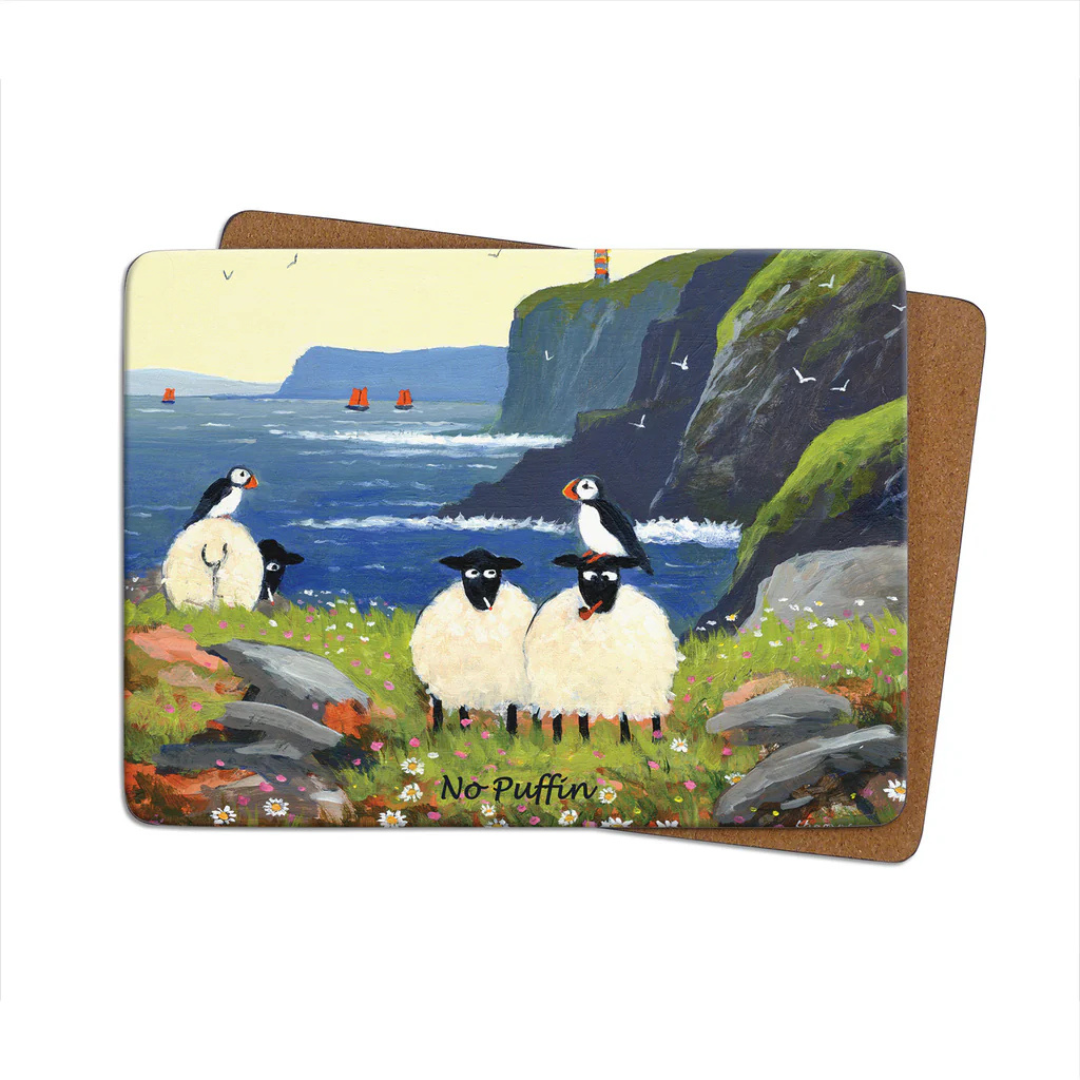 Sheep with puffins on a grassy cliff by the ocean with rocky coastline