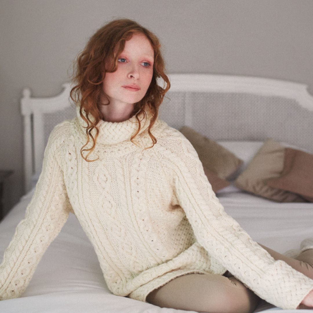 Ladies Vented Roll Neck Natural Tunic Sweater