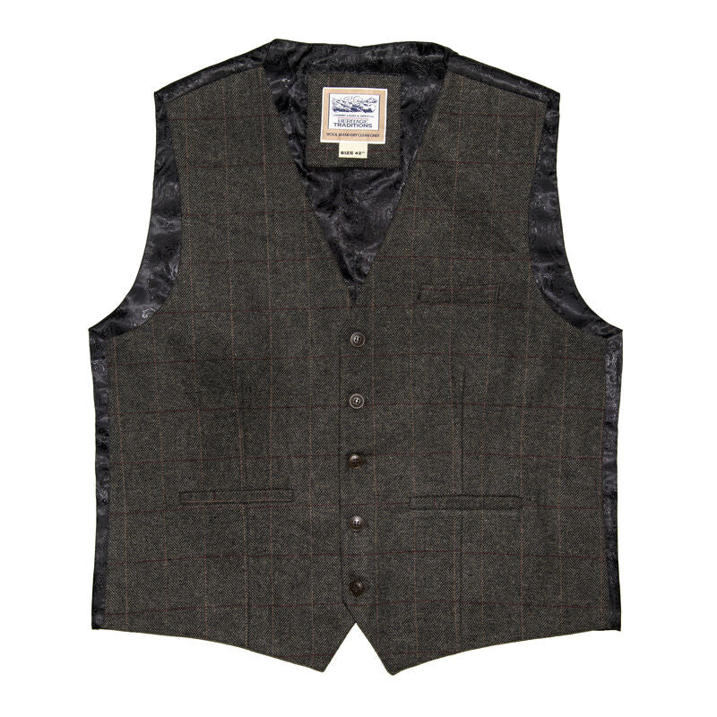 Heritage Traditions Herringbone Tweed Box Check Waistcoat Grey