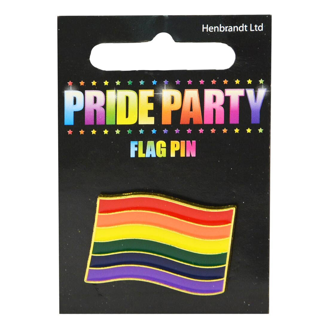 Rainbow Pride flag enamel pin on a black display card