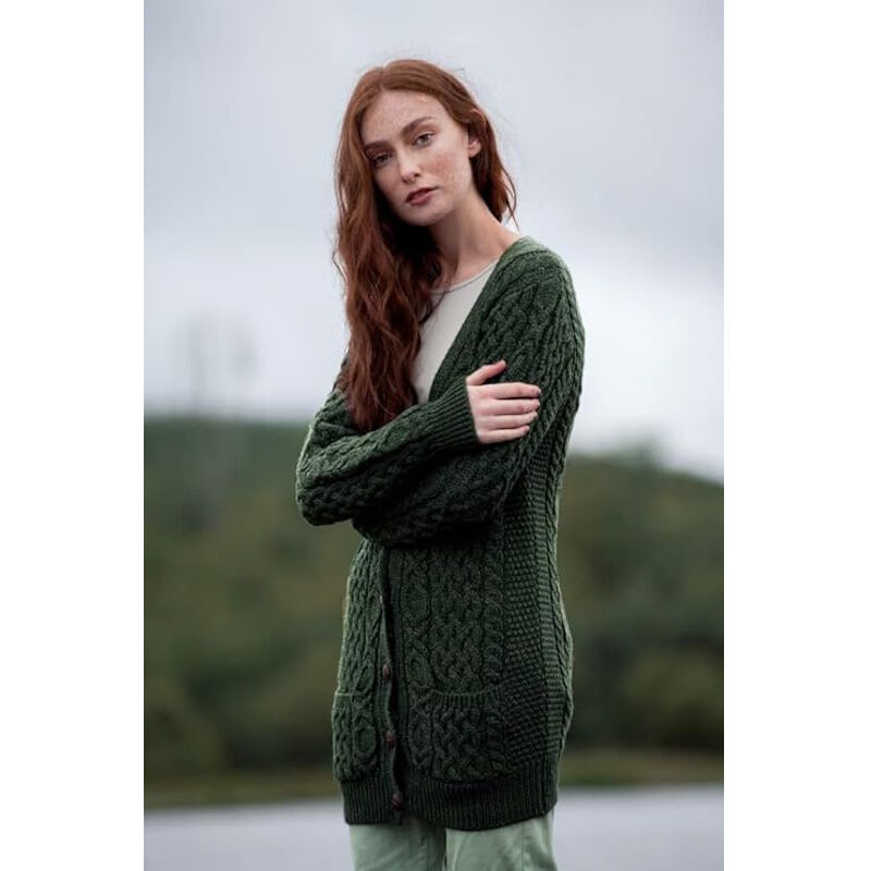 Ladies Aran Boyfriend Army Green Cardigan