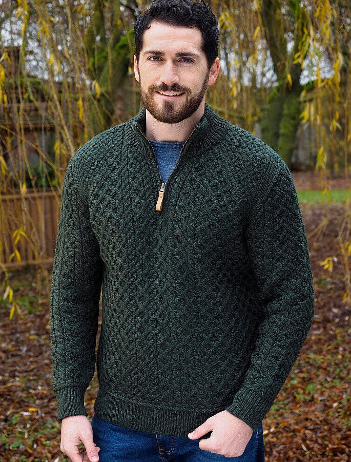 Men's Supersoft Half Zip Aran Green Sweater