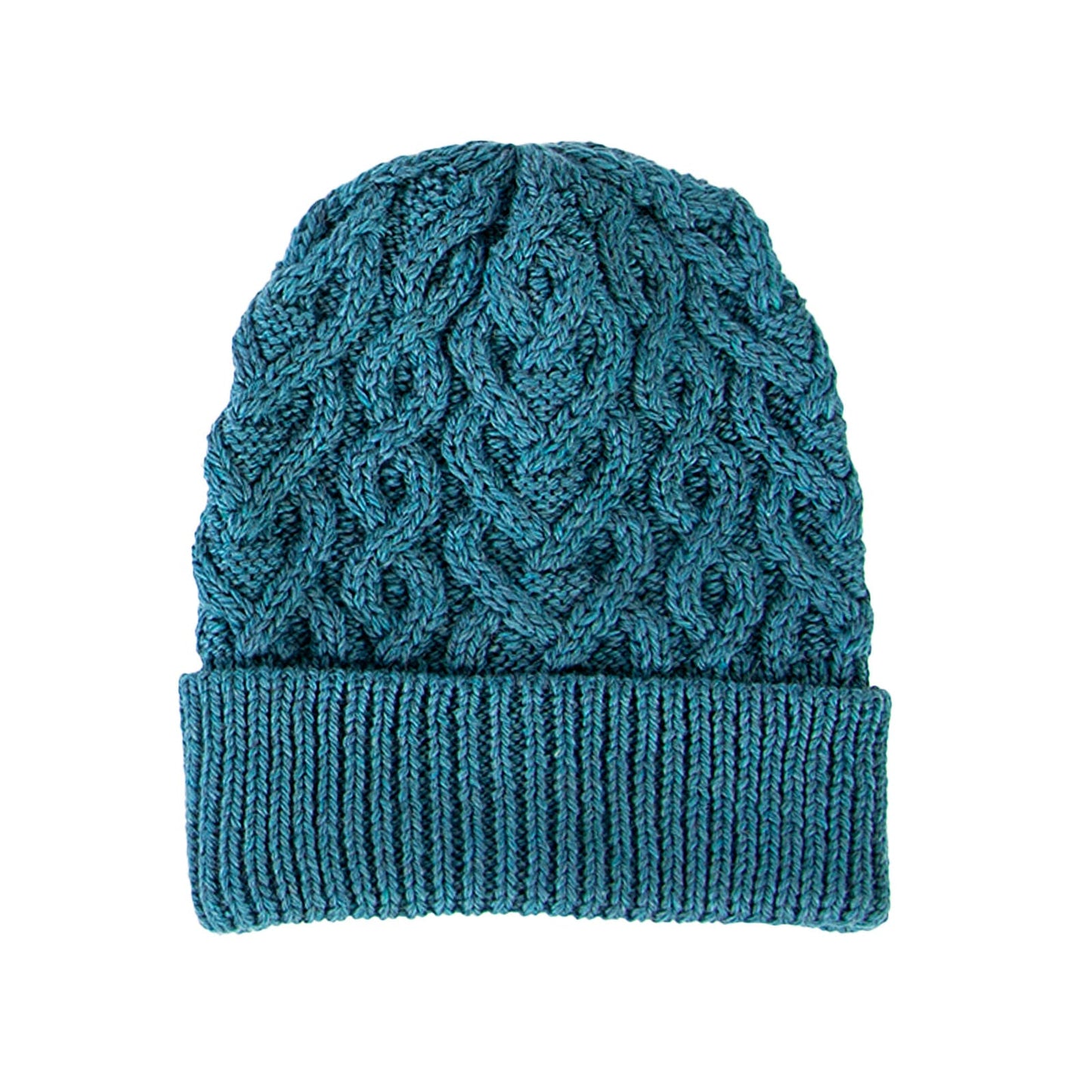 Blue knitted beanie hat with intricate cable knit pattern and folded brim