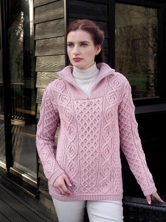 Ladies Merino Wool Half Zip Pink Jumper
