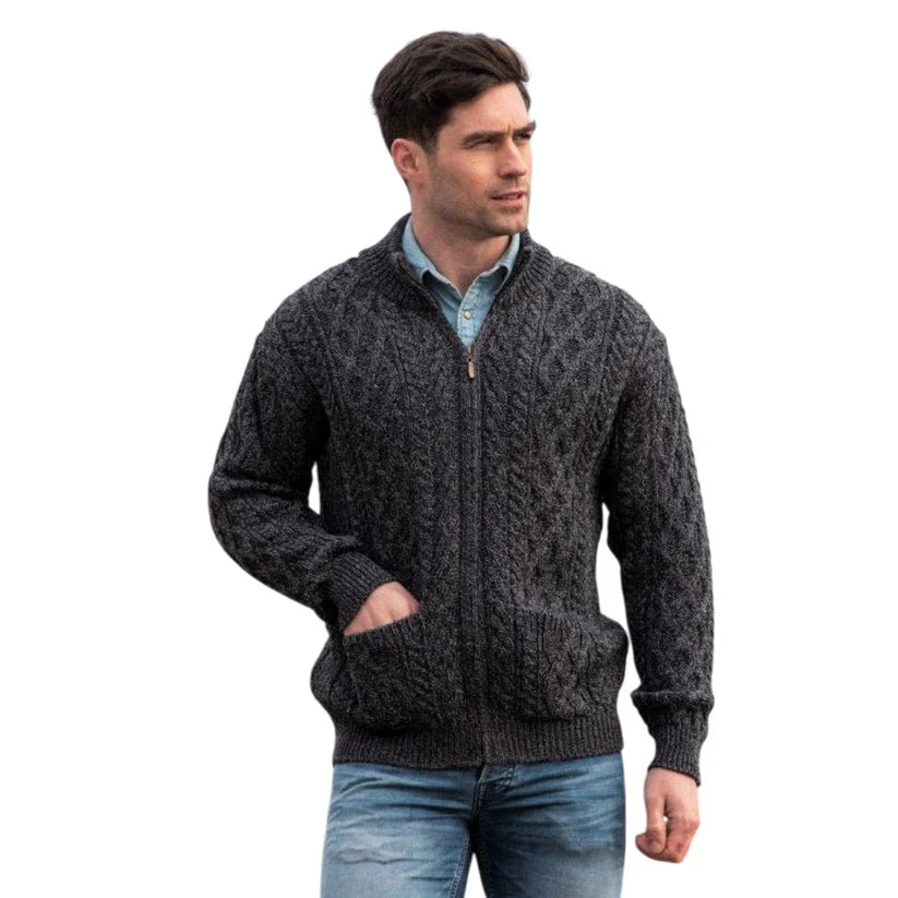 Men's Aran Zip Charcoal Cardigan