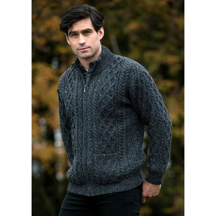 Men's Aran Zip Charcoal Cardigan