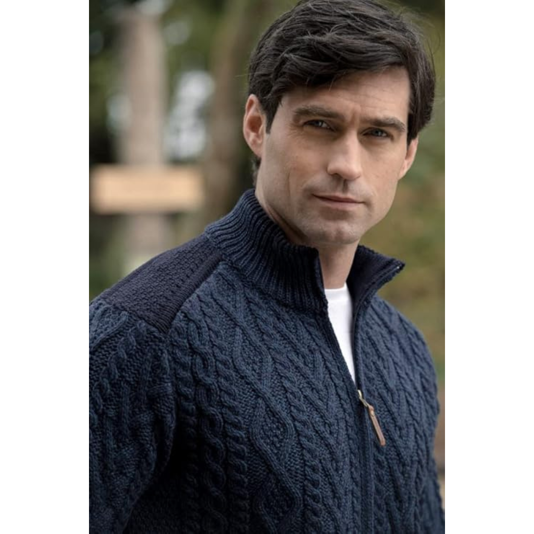 Men's Cable Knit Shoulder Patch Blackwatch Zip Cardigan