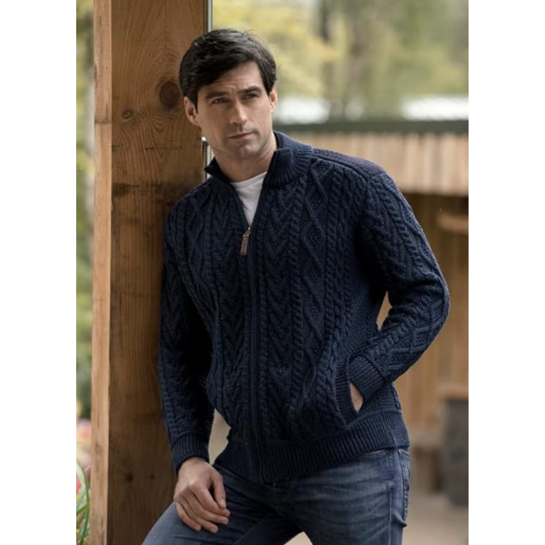 Men's Cable Knit Shoulder Patch Blackwatch Zip Cardigan