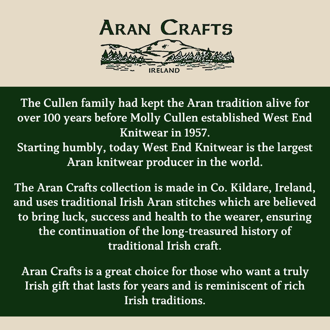 Text describing Aran Crafts' Irish knitwear heritage and tradition