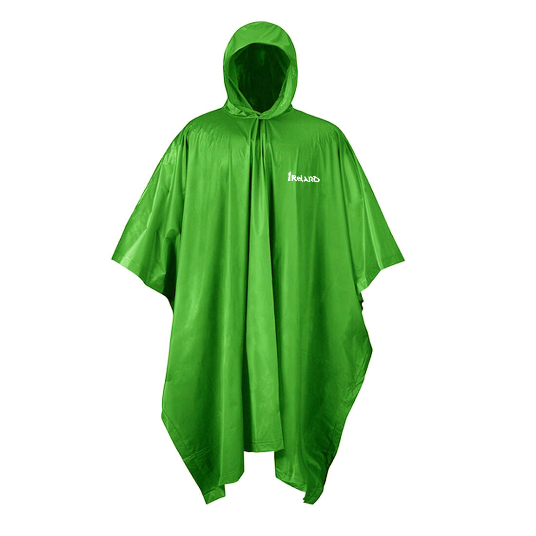 Carrolls green rain poncho with hood and white logo on the chest