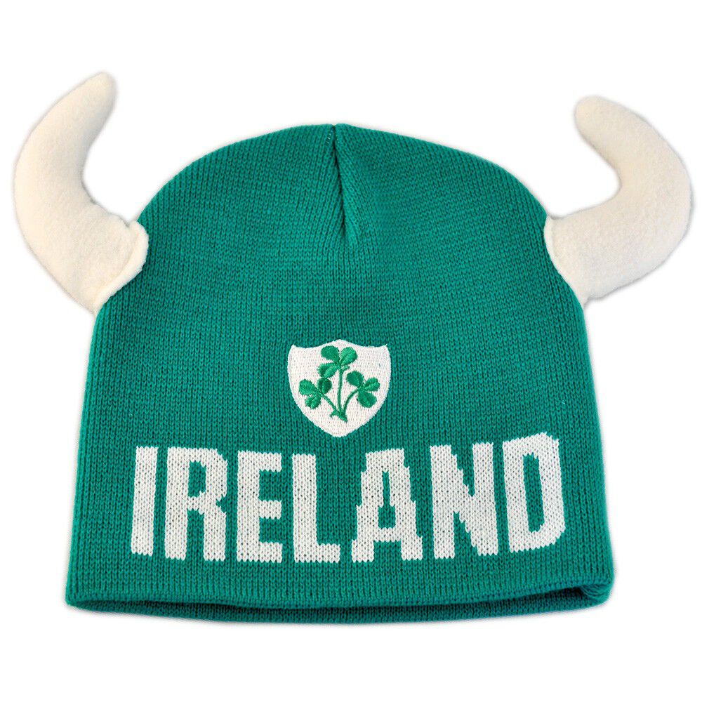 Kids green knit beanie with white Viking horns and Ireland crest