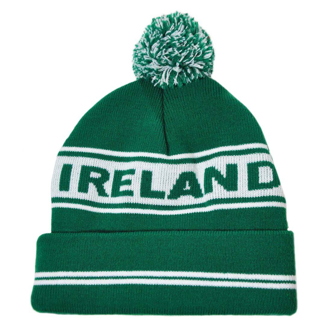Green Ireland knit ski hat with white banner and bold Ireland text