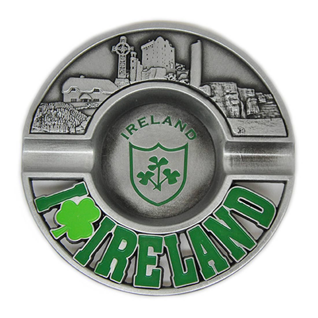 Metal 8cm Ireland Ashtray With Shamrock Design & Embossed Irish Landmarks