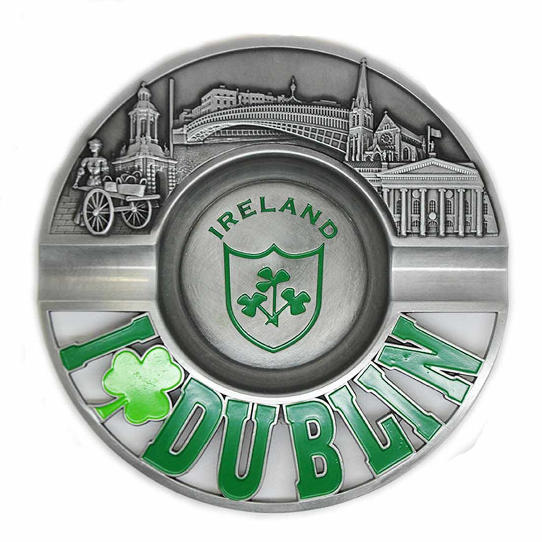 Round metal ashtray with embossed Dublin landmarks along the rim, central Ireland crest and green Dublin lettering.