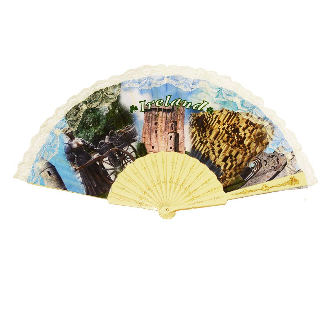 Irish designed hand fan featuring Molly Malone, Blarney Castle and Giants Causeway