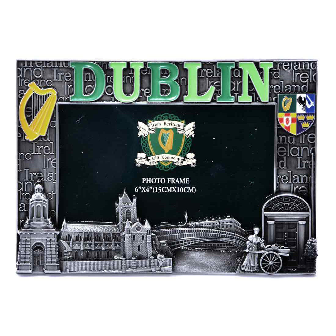 Dublin designed metal photo frame 6x4 with large green Dublin lettering and Irish city landmarks along the border
