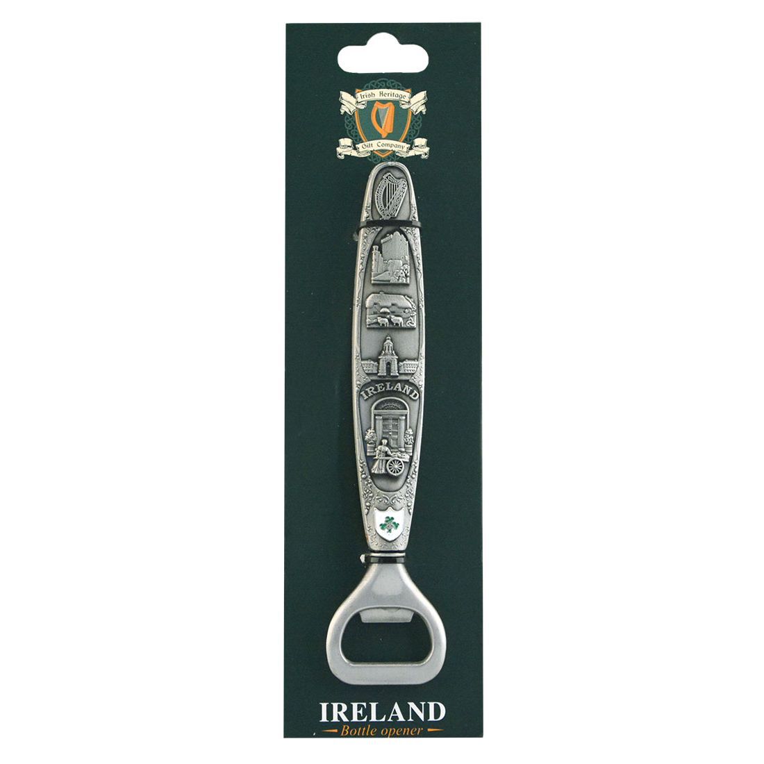 Irish Heritage collage design bottle opener on dark green packaging with a crest at the top.