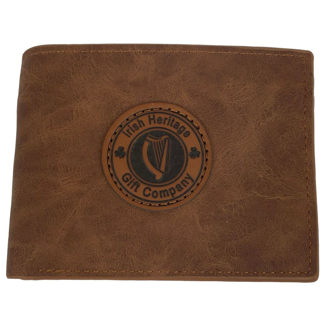 Brown leather wallet with a circular embossed seal featuring a harp and Irish Heritage Gift Company text