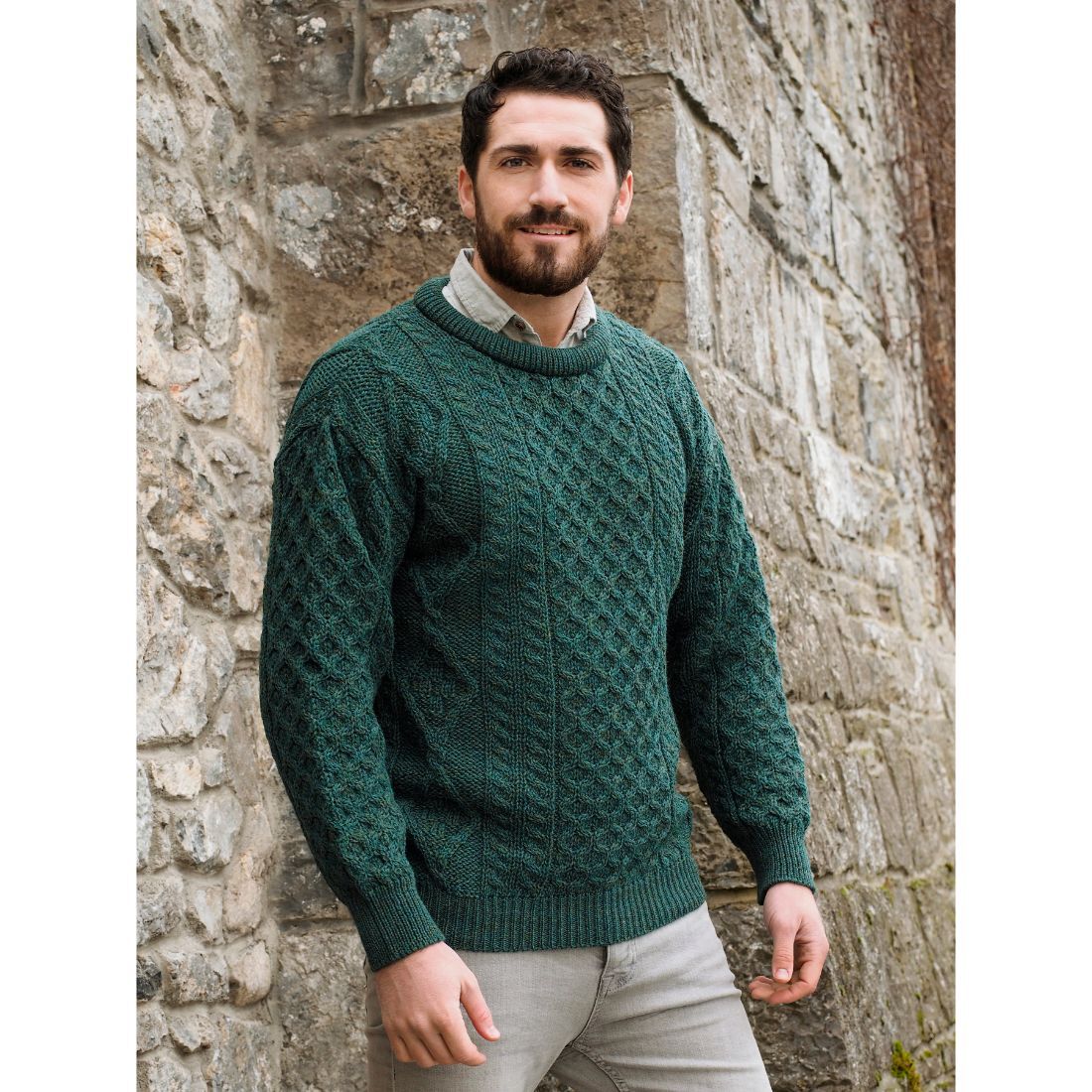 Men's Aran Cable Knit Crew Neck Moss Green Sweater