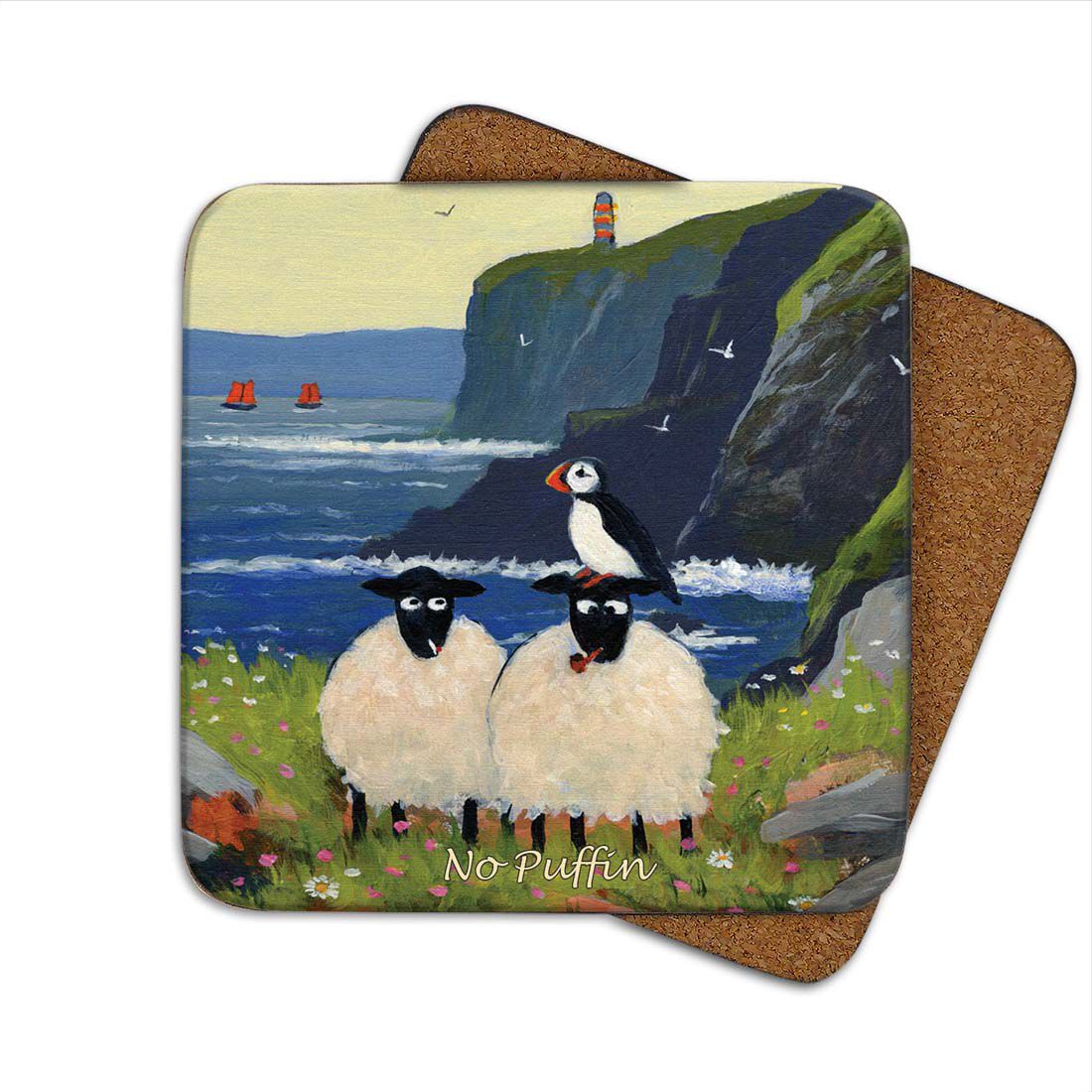 Irish Coaster With 2 Sheep At The Coastline With A Bird On Their Head With The Text 'no Puffin'