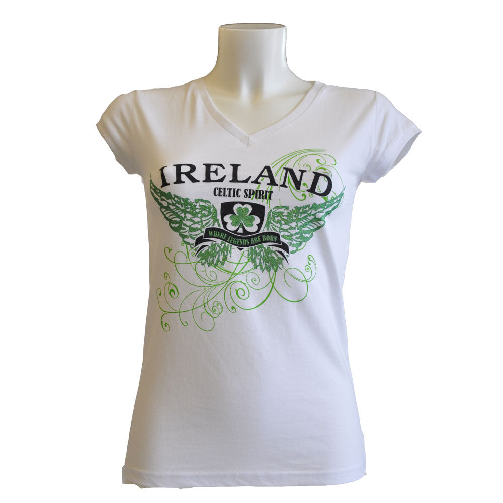 Ladies Fitted V-Neck T-Shirt with Ireland Wings Print White